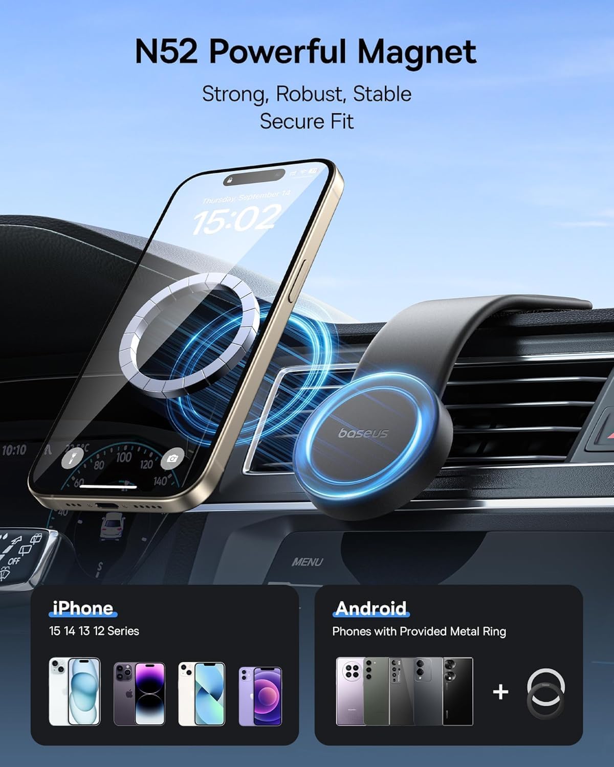 Baseus for Magsafe Car Mount, 25N Magnetic Phone Holder for Car, Cell Phone Car Mount Compatible with iPhone 17 to 13 Pro Plus Max Mini, Bendable Memory Titanium Alloy for All Dashboard