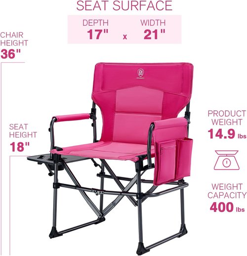 Ever Advanced Camping Chair - Portable Folding Directors' Chair with Side Table & Pocket | Heavy Duty, 400lbs, Pink