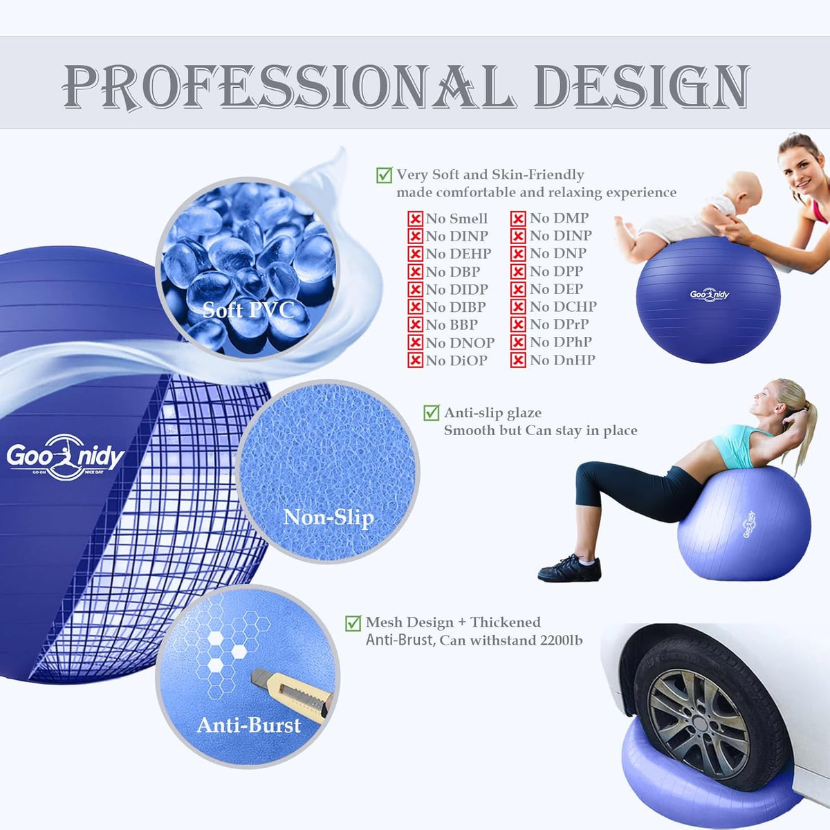Skiennix Anti-Burst Exercise Ball - 2200lb Support for Pilates, Yoga & Physical Therapy | Includes Pump