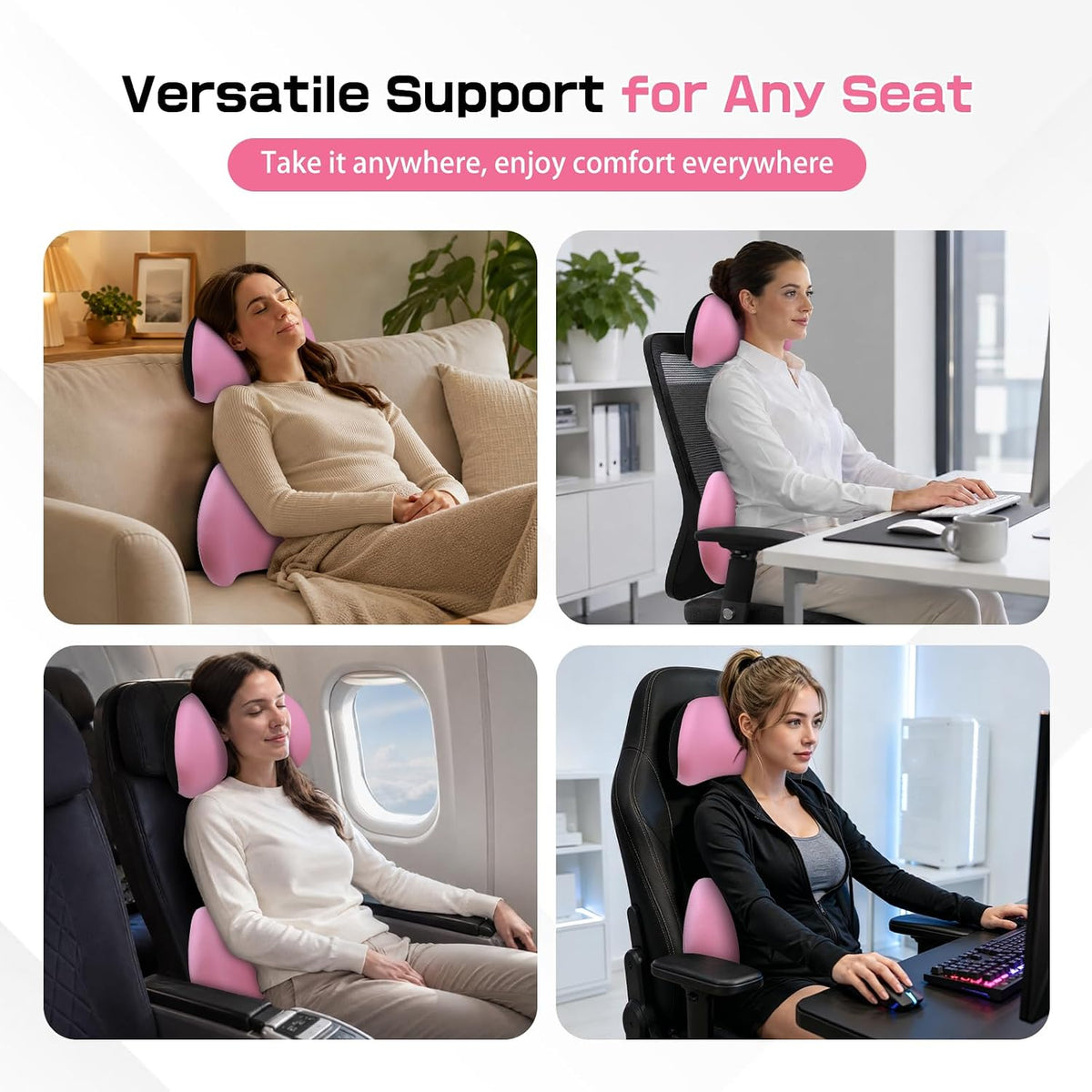 2PCS Car Neck Pillow and Lumbar Support Pillow Set, Ergonomic Memory Foam Back & Neck Support Pillows for Car Seat, Office Chair, Driver Head & Back Cushion and Pain Relief (Pink)