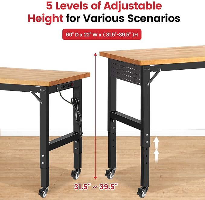 ENJOYWOOD 60" x 22" Heavy Duty Workbench with Wheels, Adjustable Height Garage Work Table with Solid Rubberwood Top, Pegboard & Power Outlets for Workshop, Home & Office