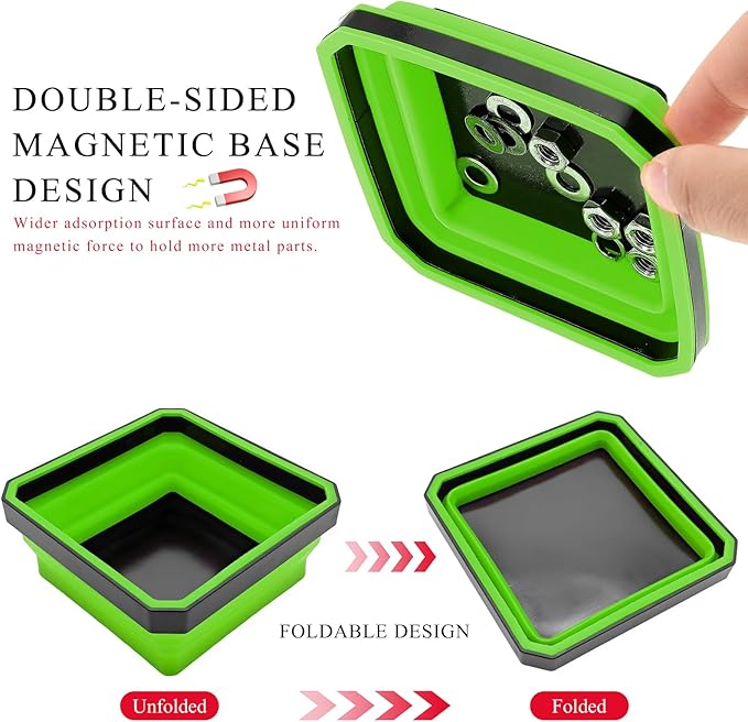 Collapsible Magnetic Parts Tray, 4.5" Square Silicone Tool Tray with Dual-Sided Magnetic Base, Foldable Small Metal Parts Organizer Storage Bowl for Screws Bolts Nuts Washers (Green)