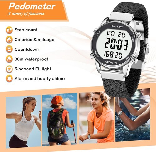Hearkent Pedometer Watch for Women - 30M Waterproof Step Counter with EL Backlight & Stopwatch