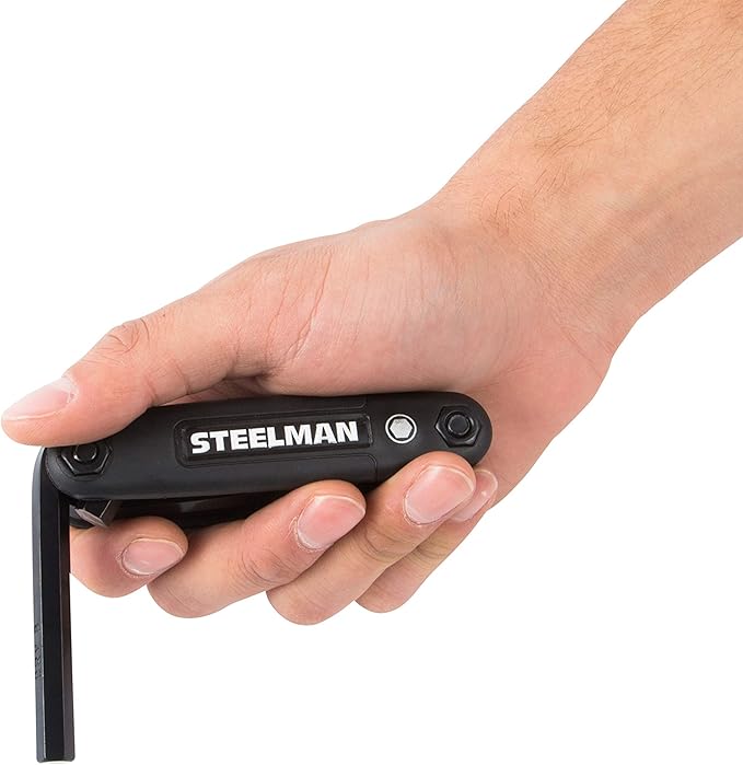 Steelman Portable Folding Hex Key Wrench Metric Multi-Tool, Set Includes 1.5, 2, 2.5, 3, 4, 5, 6, and 8mm Sizes, Chamfered Ends, Steel, Corrosion-Resistant Black Oxide Coating