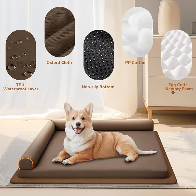 Dog Beds Medium Sized Dog Waterproof Washable Pet Bed Memory Foam Orthopedic Chew Proof Dog Couch with Anti-Slip Mat (Brown)