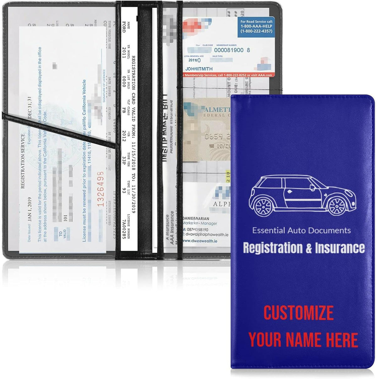 Custom Car Registration and Insurance Card Holder Personalized Leather Glove Box Organize Men Women Wallet Accessories Case for Cards, Essential Document Driver License Navy Blue