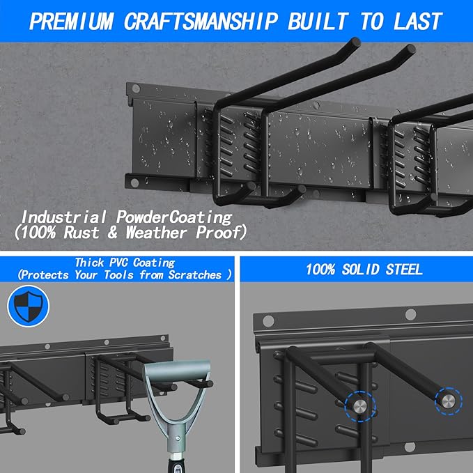 CBWLWJ Garage Tool Organizer Wall Mount, 64 inch Garage Wall Organizer, 680lbs Sturdy Garden Tool Organizer with 12 Adjustable Hooks, for Yard, Shed, Basement, Workshop(Black)
