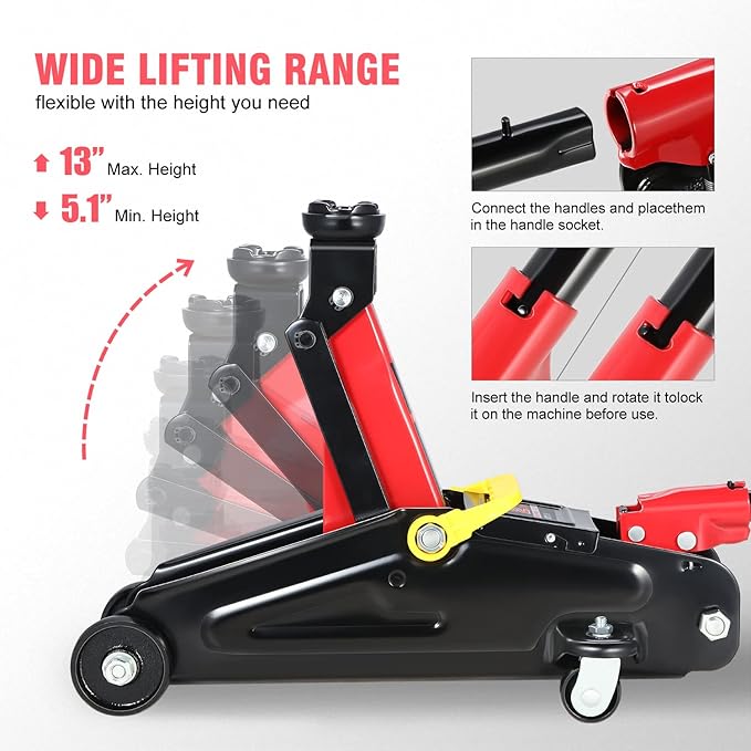 DNA Motoring TOOLS-00234 Low Profile Hydraulic Trolley Service/Floor Jack, 2 Ton (4000 lbs) Capacity, Lifting Range 5.1"-13", Black