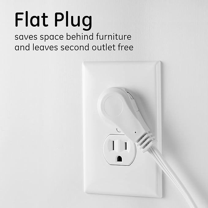 GE 3-Outlet Flat Extension Cord 8 Ft Grounded Extension Cord with Multiple Outlets 3 Prong Outlet Extender Flat Plug Indoor Power Strip 16 Gauge UL Listed White 50251