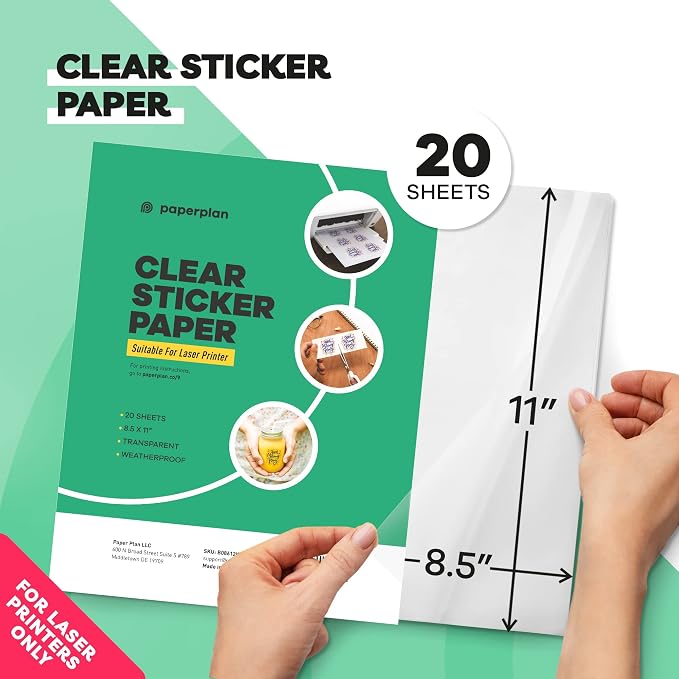 Clear Sticker Paper for Laser Printer -, 8.5 x 11" Letter Size, Glossy Vinyl