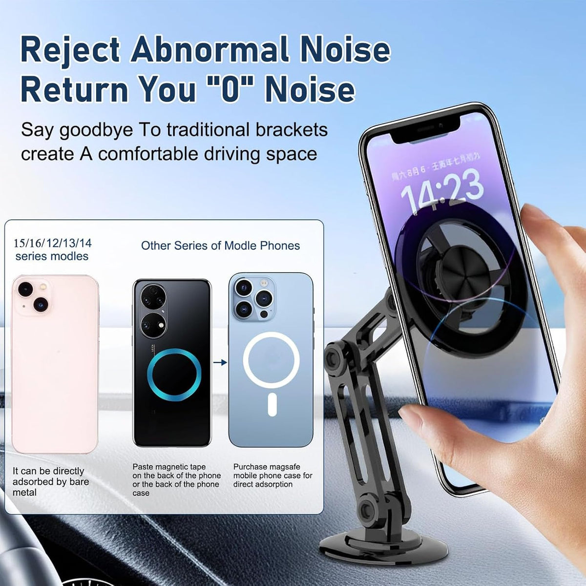 Universal 360° PRO Magnetic Suction Phone Holder Car,Alloy Folding Magnetic Cell Phone Holder for Car [Super Strong Magnet] Bracket Magnetic Dashboard Phone Car Mount for All Smartphone (Silver)