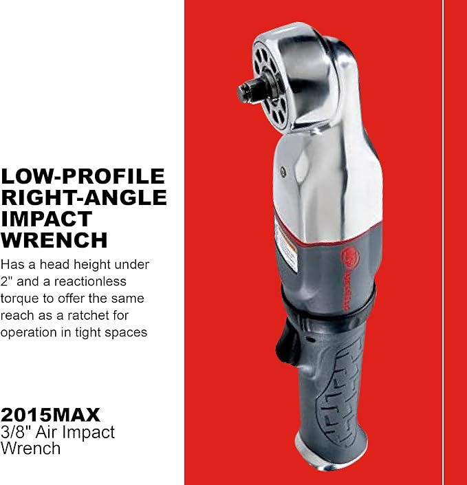 Ingersoll Rand 2015MAX 3/8" Pneumatic Air Impact Wrench, Right Angle, Low Profile 2” Hammerhead, 180 ft lbs Max Torque, 7,100 rpm, Two-Position Power Regulator, Gray
