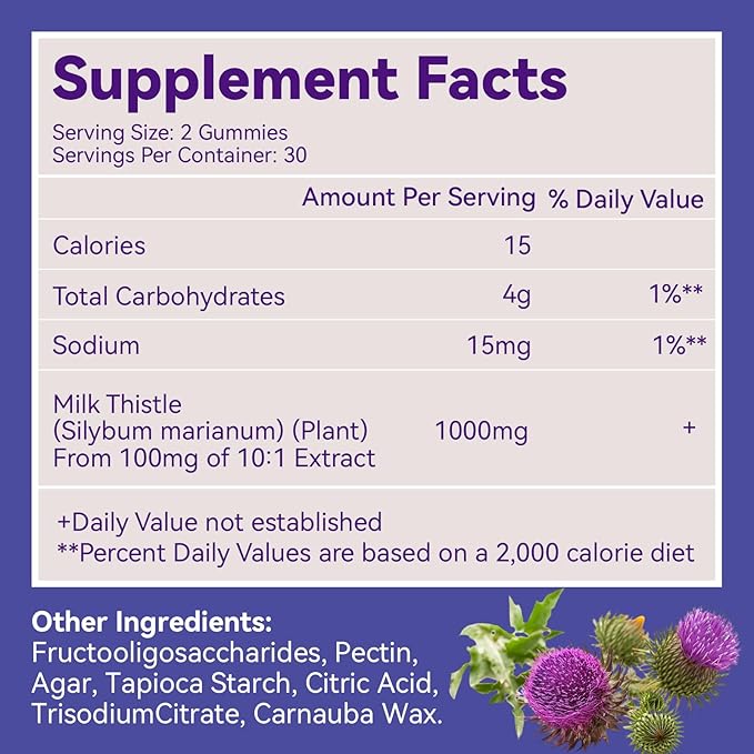 Milk Thistle Gummies, Milk Thistle Extract 1000mg, Liver Detox, Antioxidant Support, Non-GMOs, Non-Gluten, Vegan, Milk Thistle Supplement, 60 Count