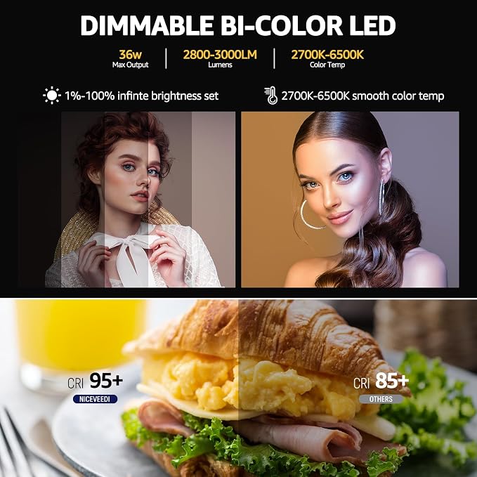 NiceVeedi 36W Photography Lighting, Bi-Color Studio Light, CRI 95+, Dimmable AC