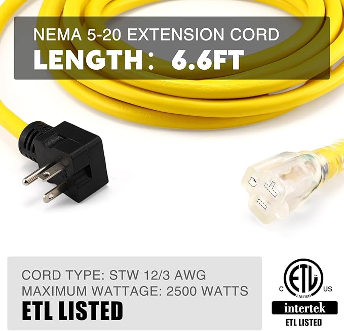 Kanayu 6.6FT NEMA 5-20 Extension Cord, 5-20P Male Plug to 5-20/5-15R Female Receptacle, 20 Amp T-Blade Outlet Extension Power Cord with Indicator Light, 12 AWG, ETL Listed