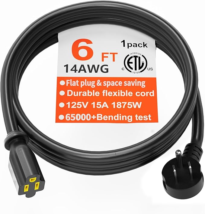 HUANCHAIN 14 Gauge 6 Feet Flat Plug Extension Cord Black Indoor Outdoor, Heavy Duty 3 Prong Grounded Low Profile Extension Wire Flexible, 15A 1875W 125V 14AWG SJTW, ETL Listed