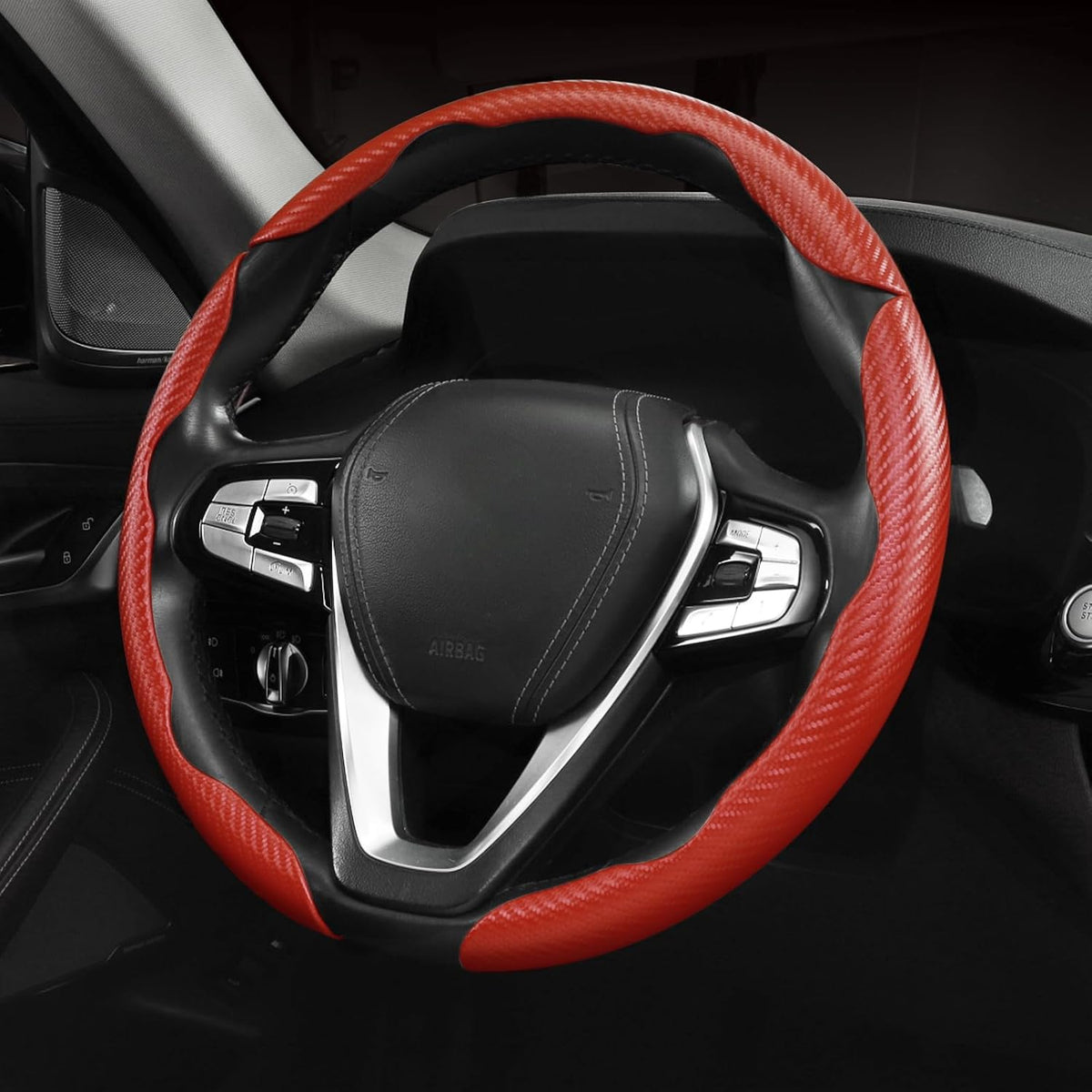 Carbon Fiber Steering Wheel Cover 3pcs Grip 15 inch Universal Red