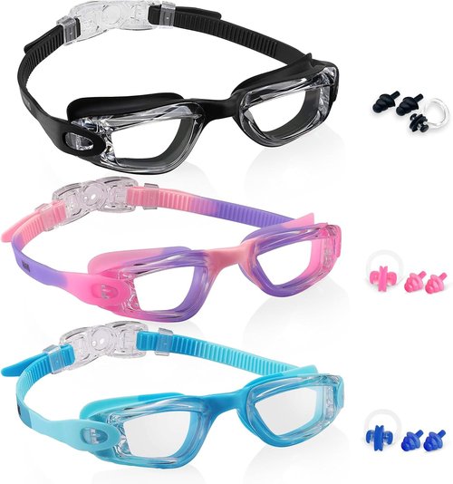 Aegend Swim Goggles - Comfort Fit Anti-Fog Goggles for Kids & Youth Ages 3-14 | 3 Pack