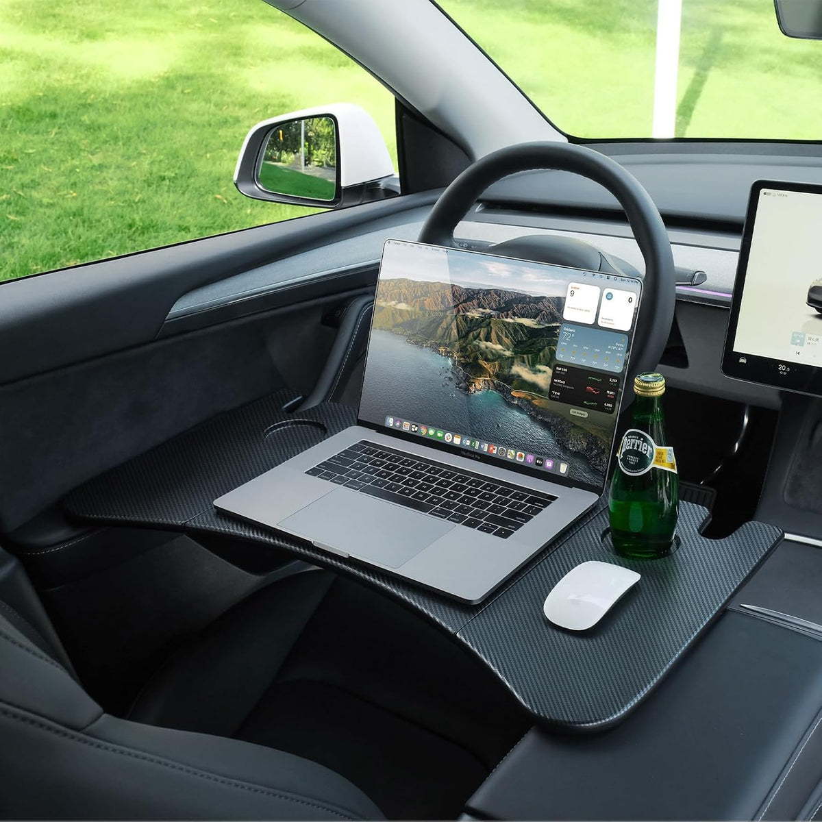 YONZEE Foldable Desk Food Tray (Carbon Edition) for Tesla Model Y Juniper Model 3 - Upgraded Table with Support Leg for Dining, in-Car Work, Travel and Outdoor (2 Pack)