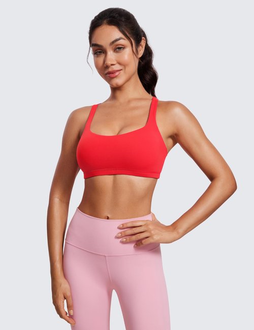 CRZ YOGA Women's Light Support Strappy Sports Bra - Low Cut Wirefree Padded Yoga Cami Criss Cross Back Deep Red Small