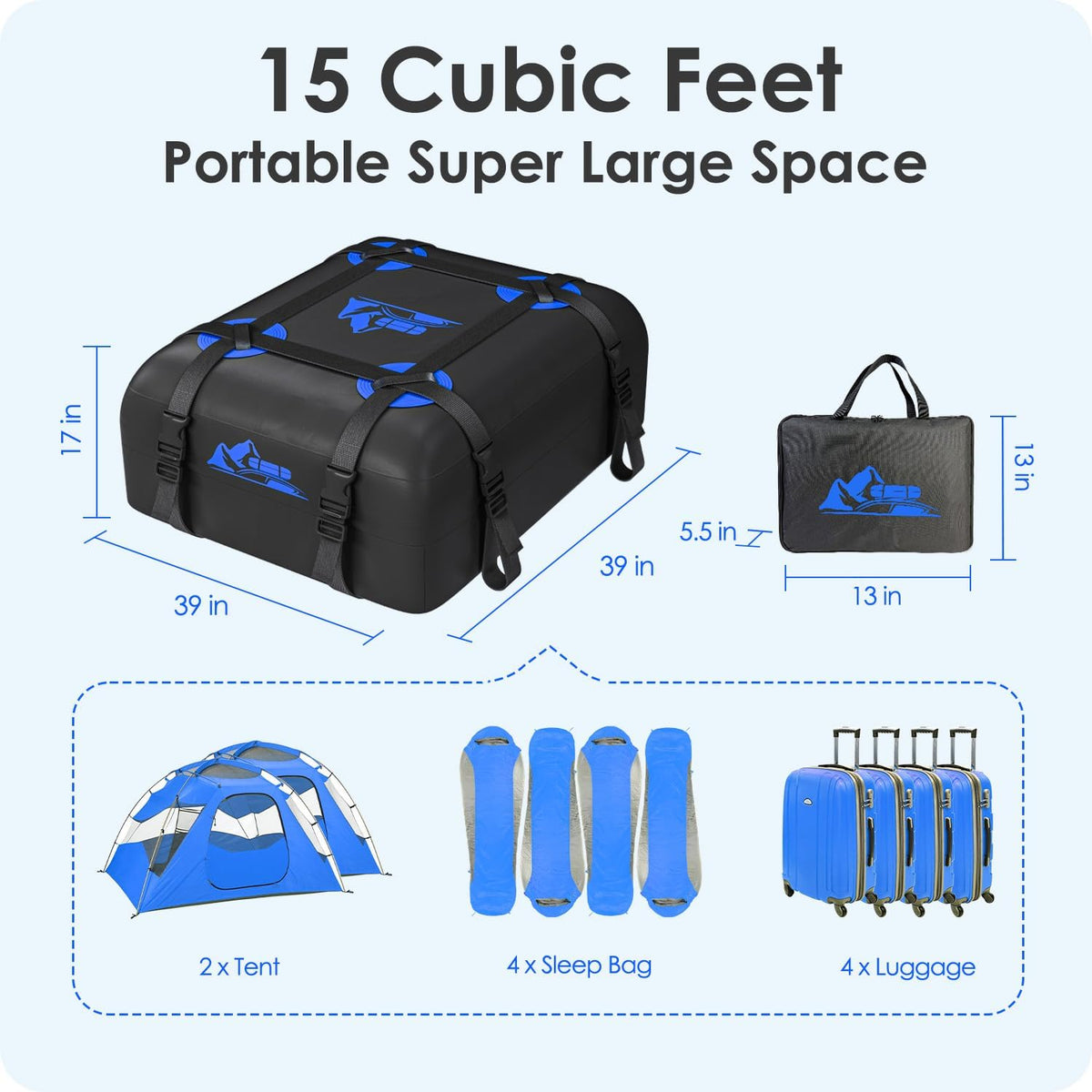 Skiennix Car Rooftop Cargo Carrier Bag - 100% Waterproof, 15 Cubic Feet, Heavy Duty | Includes Anti-Slip Mat & Straps (Blue)