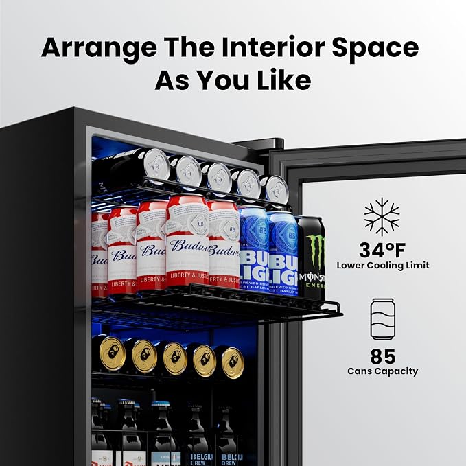 Yeego Beverage Refrigerator Drink Cooler, 85 Cans Mini Fridge Glass Door | Soda Wine Beer Cooler, 34°F To 54°F Temperature Control, for Home Office Bar, Adjustable Shelves,Freestanding, Black