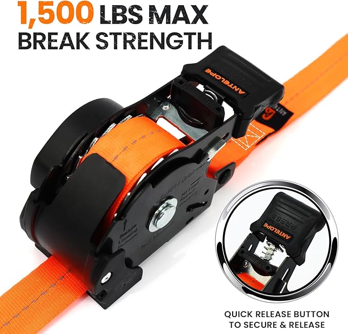 Retractable Ratchet Straps 1 in x 12 ft, 4-Pack Auto Retract Tie Down Straps, 1500lb Break Strength AutoRetract Self Retracting for Motorcycle, Truck, Cargo, Trailer, ATV, UTV -Orange