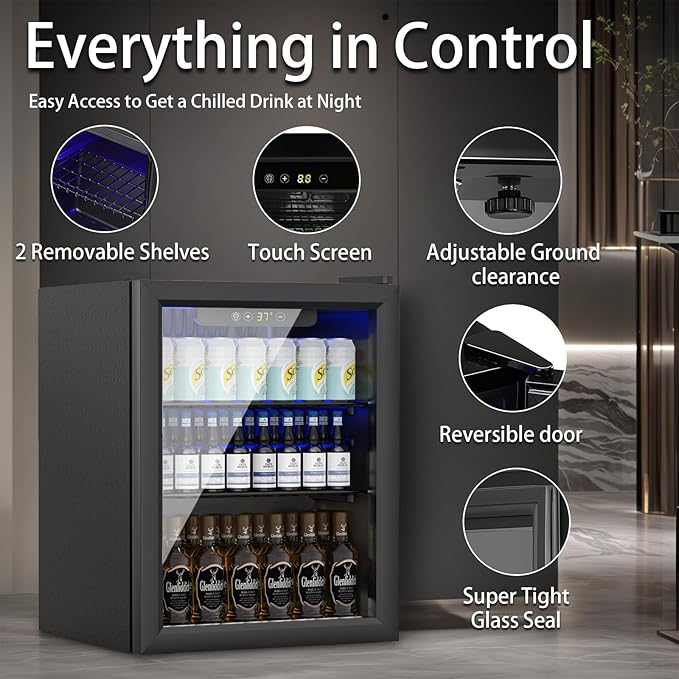 DOGHLY 1.7 Cu.ft Mini Fridge Glass Door, 72 Cans Beverage Refrigerator | Drink Fridge for Soda Beer Wine, Digital Temperature Control, Removable Shelf, Quiet Beverage Cooler for Office, Dorm, Bar
