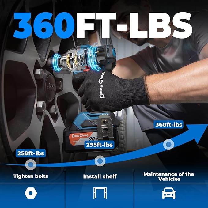 Dong Cheng 20V Brushless Impact Wrench, Max Torque 360 ft-lbs (488N.m), 1/2 inch with 3 Mode Speed, 2400 RPM Cordless Impact Gun, Includes 4.0Ah Battery, Charger, 4 Impact Sockets and Kit Bag