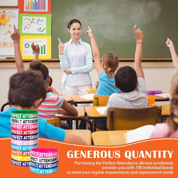 100 Pcs Perfect Attendance Silicone Wristbands 10 Assorted Color Reward Rubber