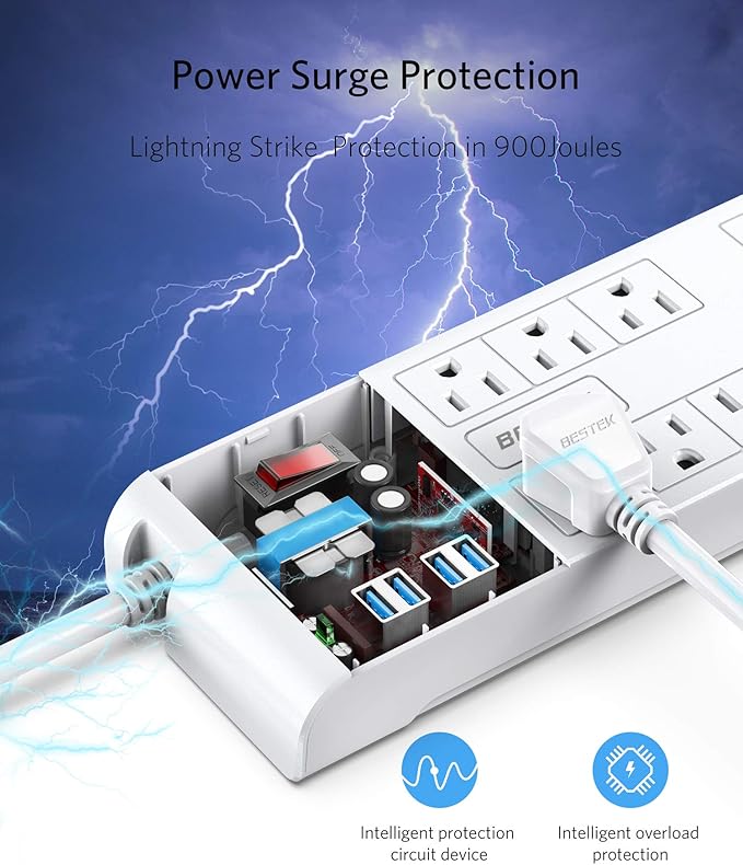 Quick Charge 3.0 Power Strip Surge Protector USB, BESTEK Multi Outlets Plug 8-Outlet 4 USB Charging Ports, 6-Foot Long Flat Angle Plug Heavy Duty Extension Cords, 900 Joule, FCC ETL Listed