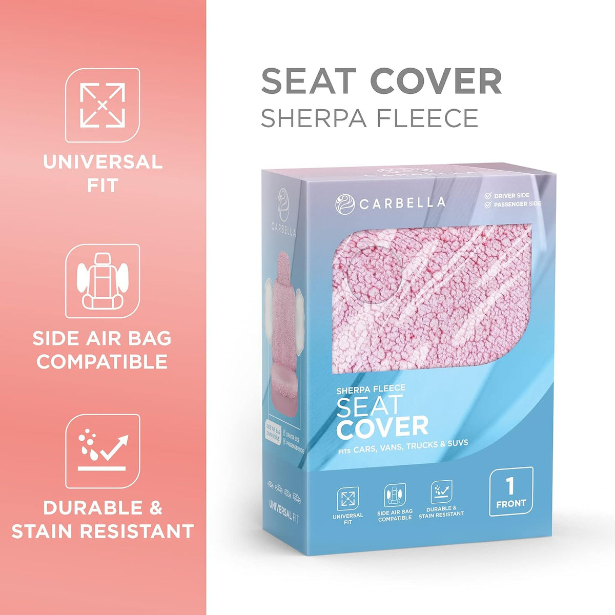 Carbella Plush Sherpa Fleece Car Seat Cover, 1 Piece Pink Seat Cover for Cars with Soft Cushioned Touch, Cute Automotive Interior Protector for Trucks Van SUV, Car Accessories for Women