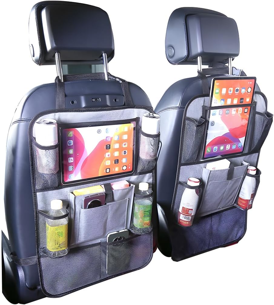 2PCS Car Seat Back Organizer, Waterproof Vehicle Storage Bag with Touch Screen Tablet Holder & 9 Pockets, Auto Kick Mats Back Seat Protector for Kids, Universal Travel Accessories (Black/Large)