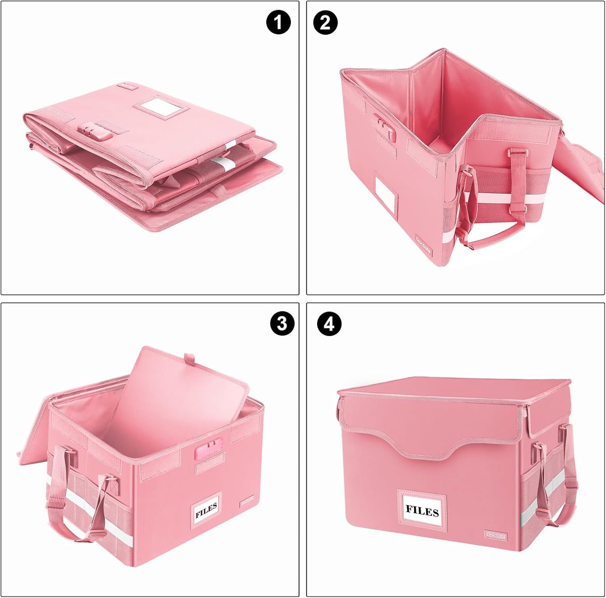 DocSafe Fireproof Document Box with Lock,File Storage Organizer with Pockets,Collapsible Portable File Box Home Office Safe Filing Cabinet with Handle for Hanging Letter/Legal Folders,Pink,2 Pack