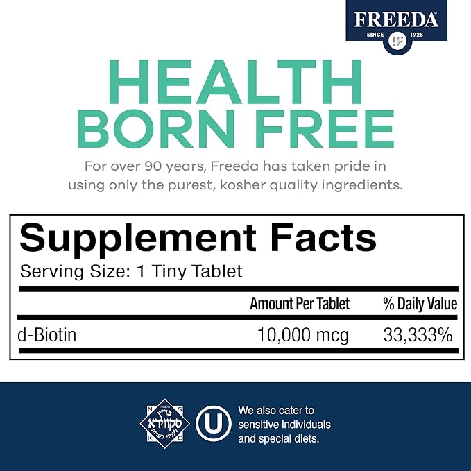 FREEDA Biotin 10,000 mcg – Kosher Hair, Skin & Nails Supplement – High-Potency B7 for Hair Growth & Strong Nails – Vegan Tablets with D-Biotin – 100 Tiny Tablet
