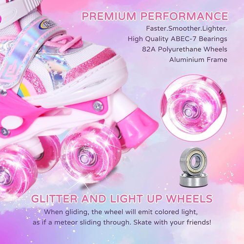 Nattork Adjustable Rainbow Roller Skates for Kids - Light Up Wheels | Perfect Birthday Gift