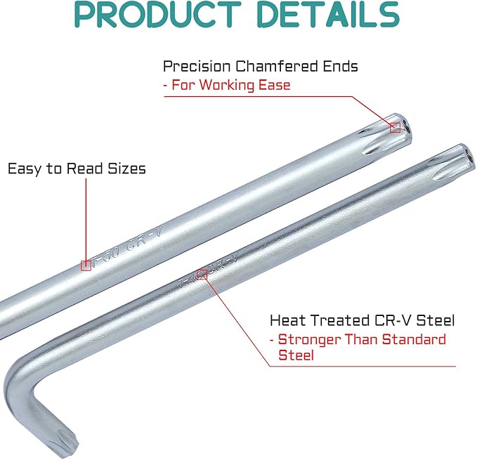 R'DEER 9 Piece Long Arm Torx Hex Key Set Industrial Level Anti Tamper Proof Star Allen Wrench Kit L-wrench Hand Tool (Sizes T10-T50)