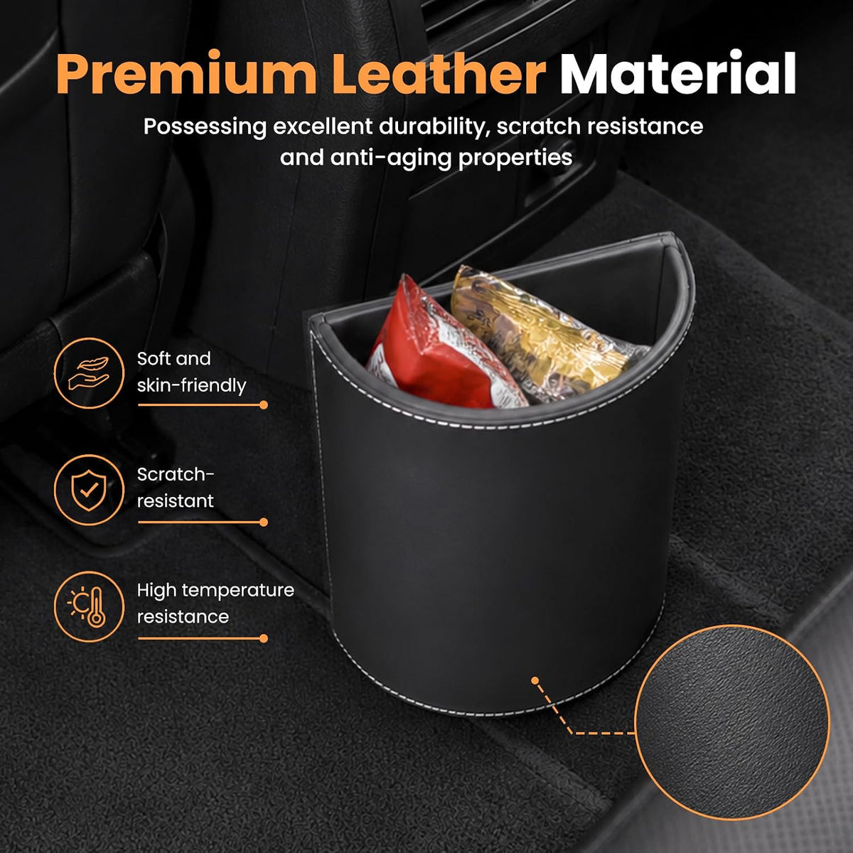 Car Trash Can,Leakproof Leather Car Garbage Can with Hanging Hooks,Waterproof Automotive Trash Bin,Portable & Multi-Purpose Vehicle Garbage Cans for Cars,SUV & Truck,Easy to Clean (Black)