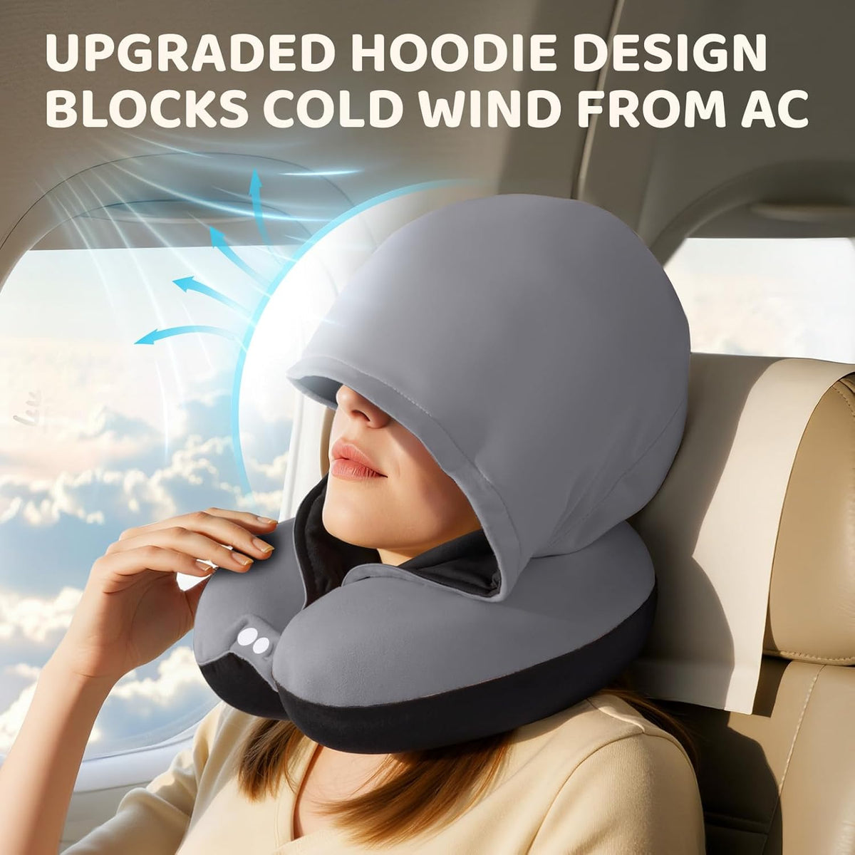 Mewaii Travel Neck Pillow with Hood for Airplanes,Memory Foam,Breathable Ice Silk & Soft Velvet,Double-Sided,Removable to Clean,Adjustable Strap,Portable Travel Pillow for Long Flights Adults & Teens