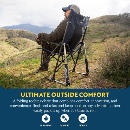 GCI Outdoor RoadTrip Rocker Camping Chair - Portable Folding Rocking Chair with Drink Holder & Comfortable Backrest - Indigo Blue