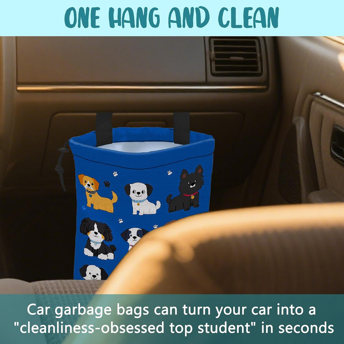Car Garbage Bag Cartoon Dogs and Paw Prints Drawstring Car Trash Bag Hanging for Back Seat with Adjustable Buckle Canvas Vehicle Trash Can Easy-to-Install