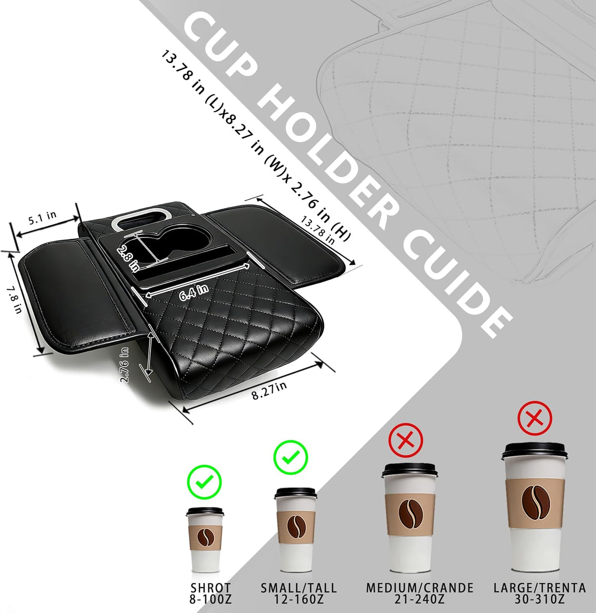 Leather Car Armrest Cover, 5-in-1 Console Cushion with Storage & Cup Holder