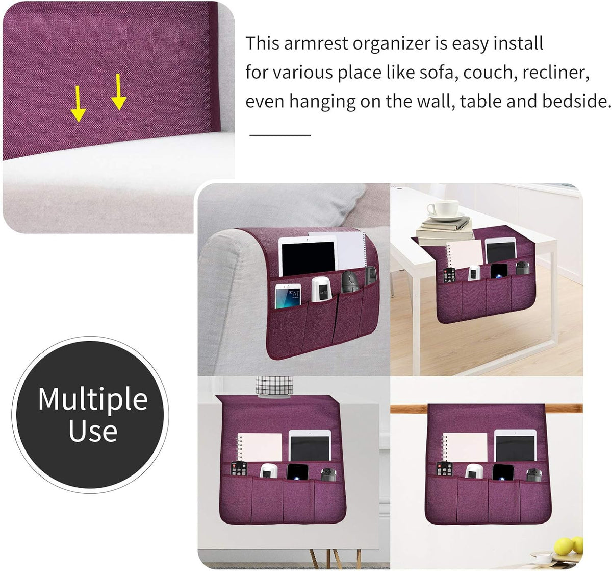 Sofa Armrest Organizer, Remote Control Holder for Recliner Couch, Arm Chair Caddy with 6 Pockets for Magazine, Tablet, Phone, iPad