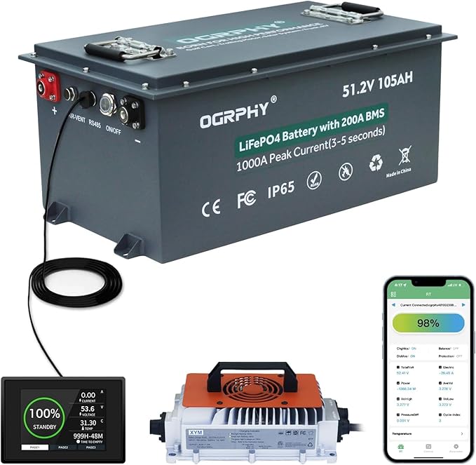 48V Lithium Golf Cart Battery, 200A BMS(1000A Peak Current), with Touch Monitor & Mobile APP, 4000+ Cycles 48V Lithium Battery with 18A Charger, Perfect for Golf Carts, Solar(105AH)