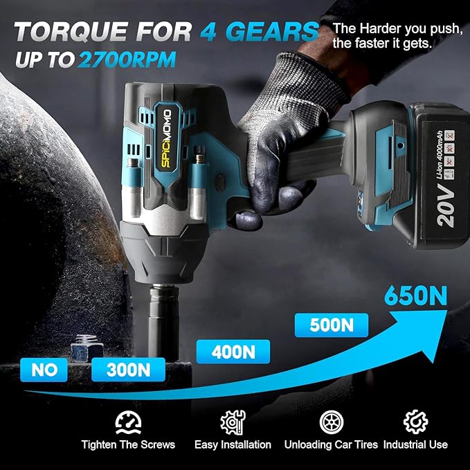 SPICIMOMO Cordless Impact Wrench 1/2 Inch - 600N.m Battery Powered High Torque Impact Gun with 2 Packs 4.0Ah Batteries, Electric Impact Driver/Drill for Auto Repair, Home DIYers and Mechanics