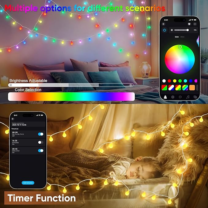 OMIKA 50FT 100 LED Smart Color Changing Globe String Lights, Smart Fairy Lights APP & Remote Control, Music Sync Twinkle Light, 100+ Dynamic Mode for Bedroom Classroom Party Christmas Decoration