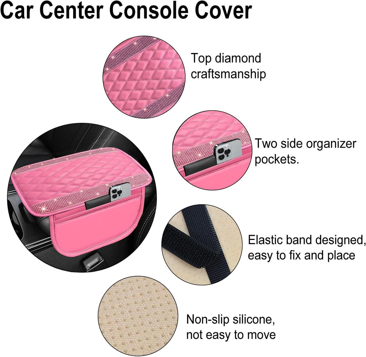 NBTEPEM Bling Pink Car Center Console Cover, Leather Car Arm Rest Cover Cushion with 2 Storage Bags, Middle Console Cover Universal Armrest Protector Pads, Pink Bling Accessories for Most Vehicles