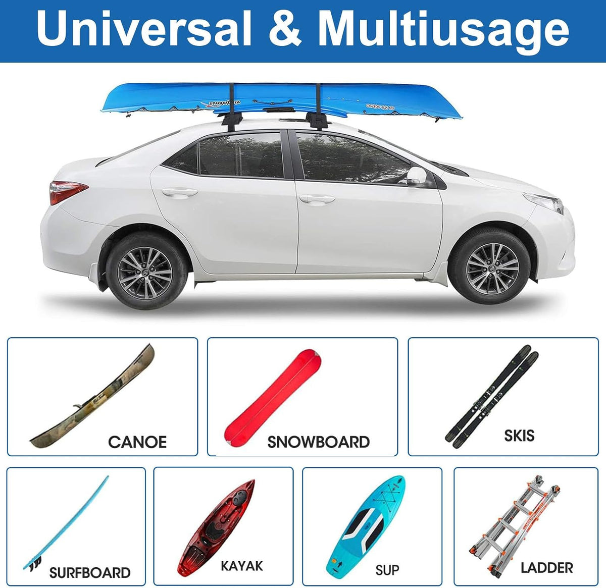 Universal Soft Roof Rack Pads with Two 16 FT Tie-Down Straps, Bow & Stern Ropes, Quick Loops & Storage Bag–Car Roof Rack for Kayak, Surfboard, SUP, Canoe–Fits Cars, SUVs, Sedans & Hatchbacks(1 Pair)