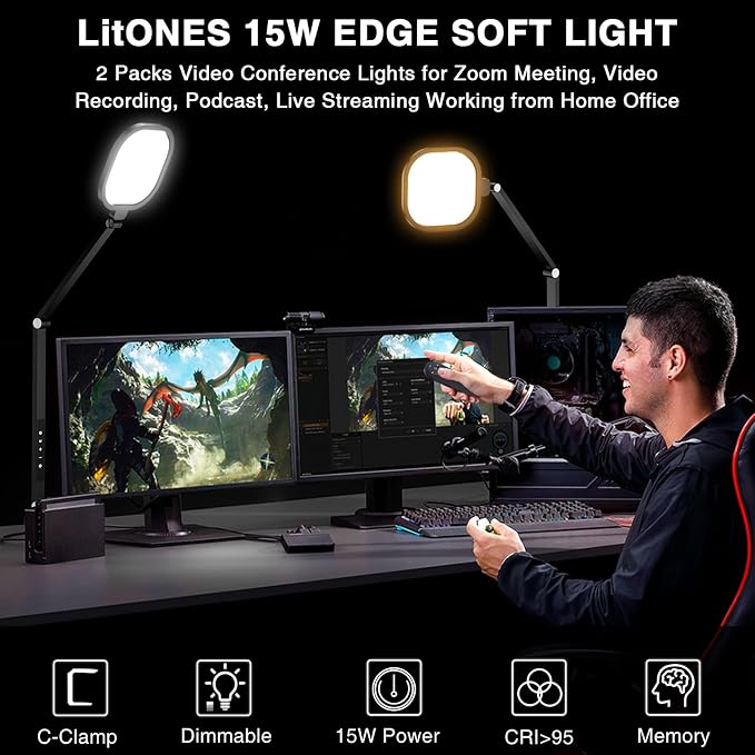 2 Packs Video Conference Light for Computer, 15W LitONES Desk Light for Zoom