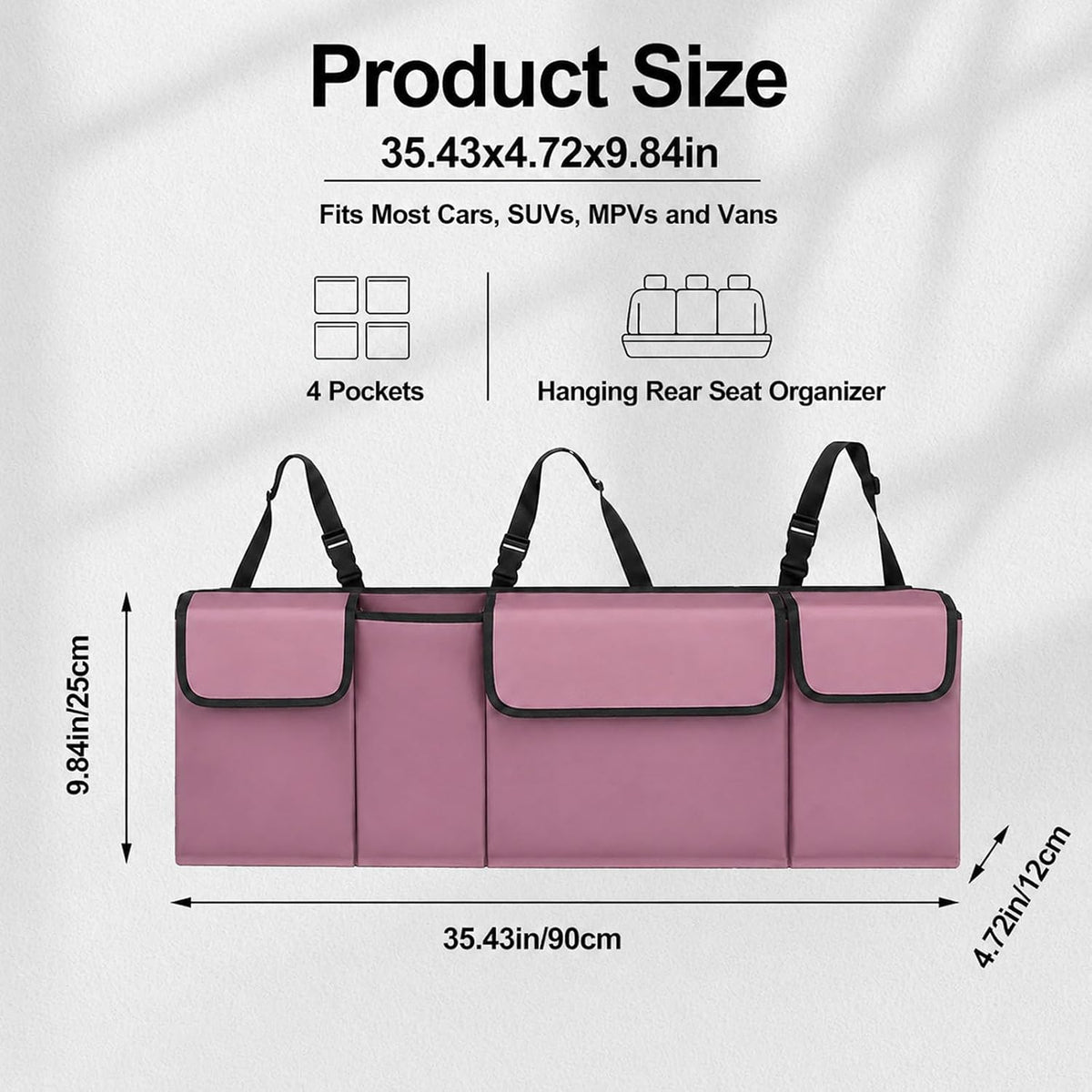 Car Trunk Organizer, Waterproof Backseat Hanging Large Storage with Adjustable Straps, Collapsible Cargo Bag with 4 Pockets, Sturdy Space Saver Frees Trunk Floor for SUV, Truck, MPV (Pink)